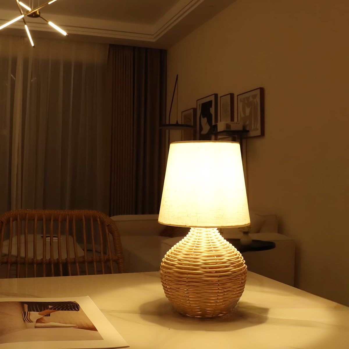 Rattan Small Table Lamp, Boho Farmhouse Style, Cotton Linen Lamp Shade, 6.2×6.2×11.8 Inch, with E12 LED Warm Light Bulb