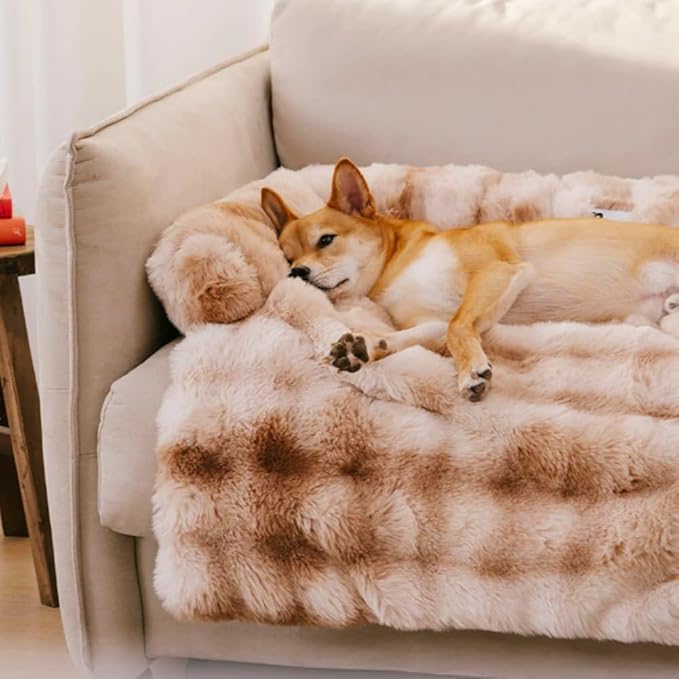 Dream Cloud Pet Sofa Bed for Dogs Cats, 2026 Washable Removable Calming Fluffy Plush Mat for Furniture Protector, Long Fur Non-Slip, for Small/Medium/Large Home Pets (Khaki, L: 37.4 * 33.5IN)
