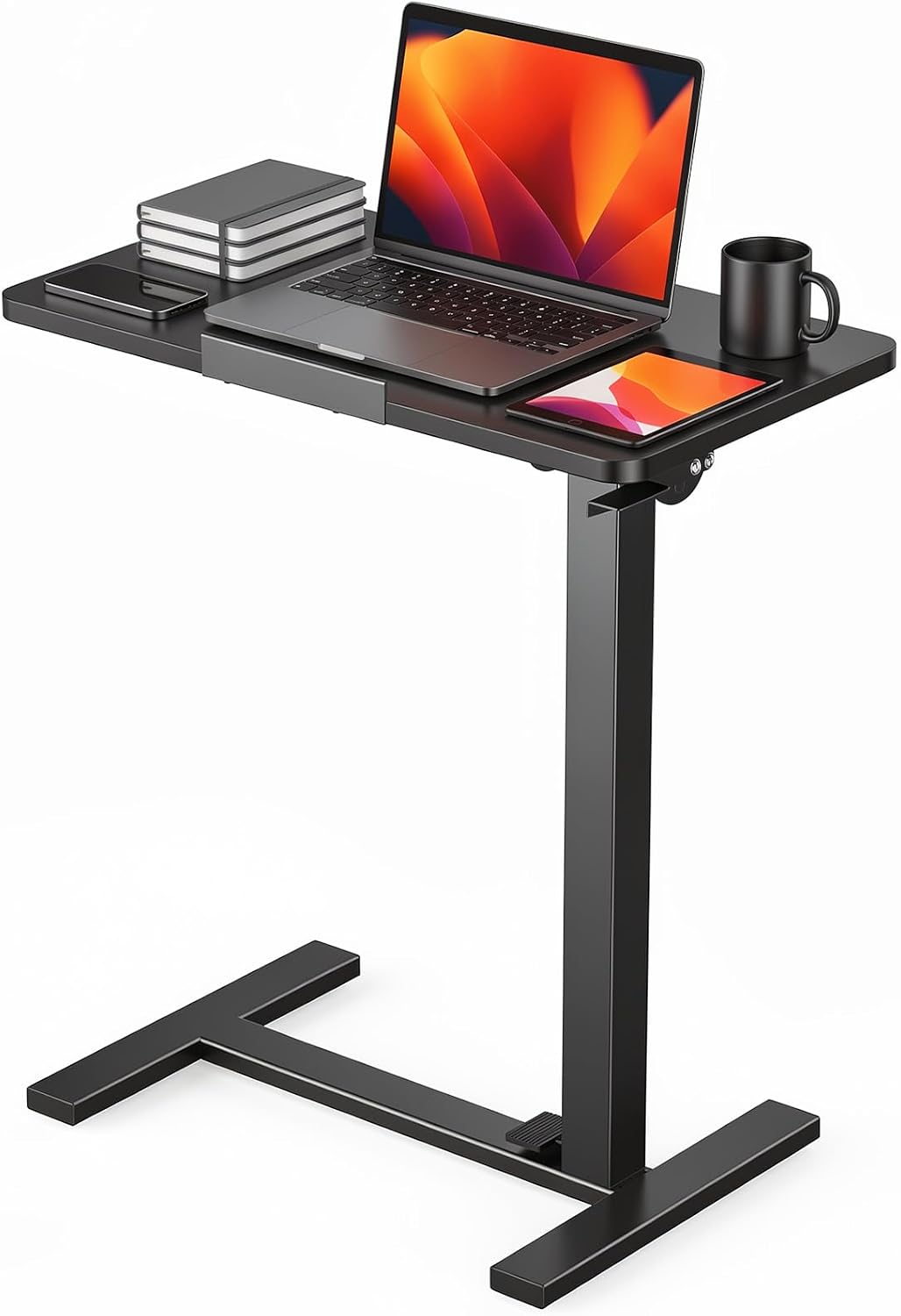 DUMOS Overbed Table with Wheels, Height-Adjustable Bedside Table, Black
