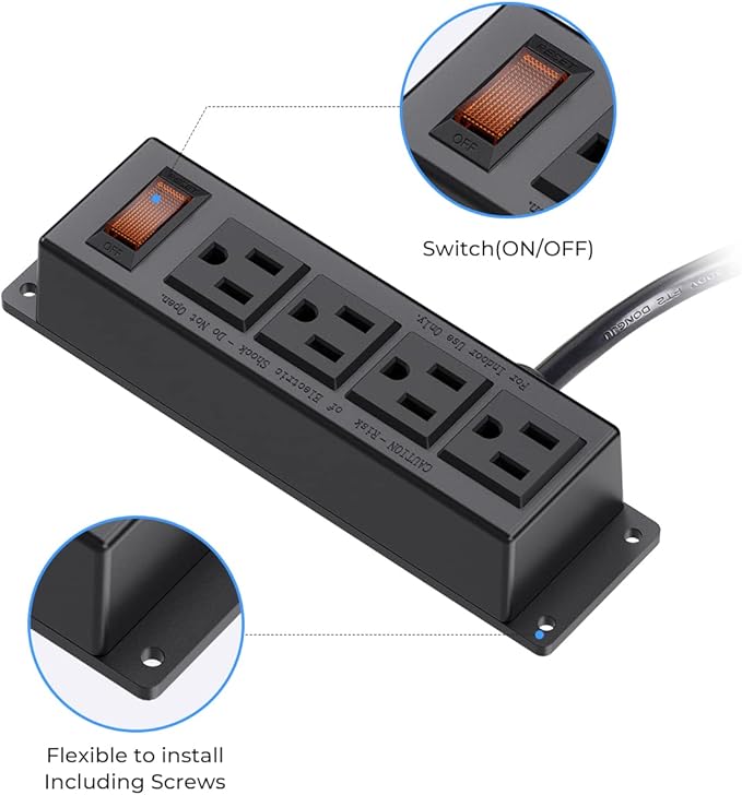 Wall Mount Power Outlet Strip, 4 Outlet Mountable Power Strip with Switch, 3ft Cord Under Desk Power Strip for Office/Industrial/Home, Flat Plug, Black