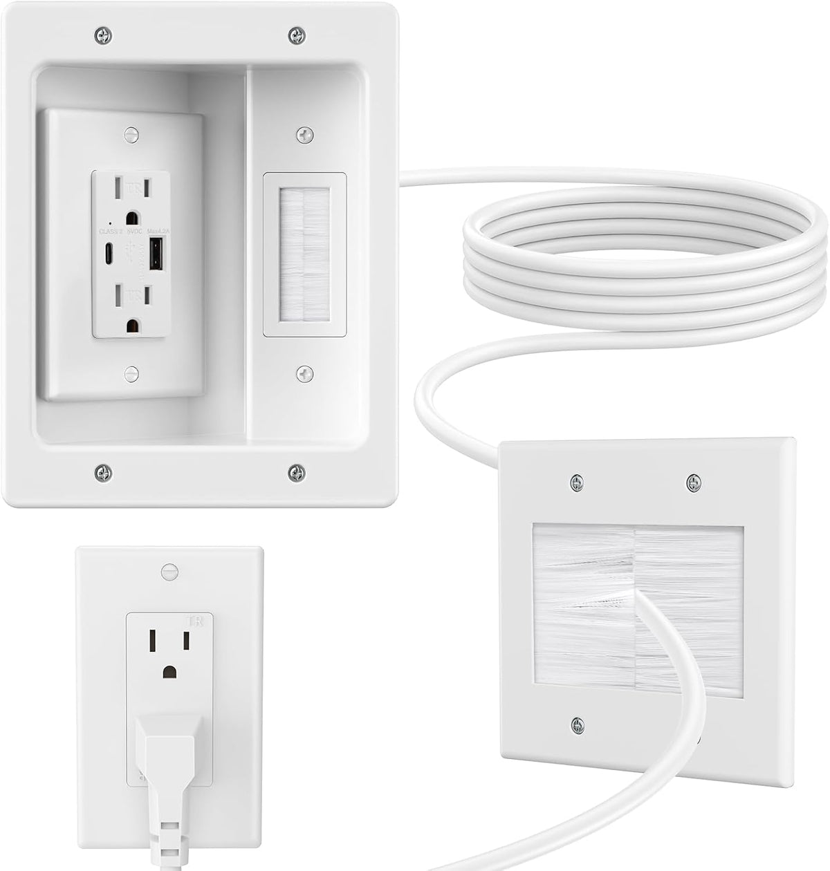 in Wall Cable Management Kit with Brush Wall Plate,AC Outlets & USB-A+USB-C Ports,9ft Cord,Hide Cords Recessed Wall Outlet for TV Cable Management,HDMI Cables and Home Theater Systems