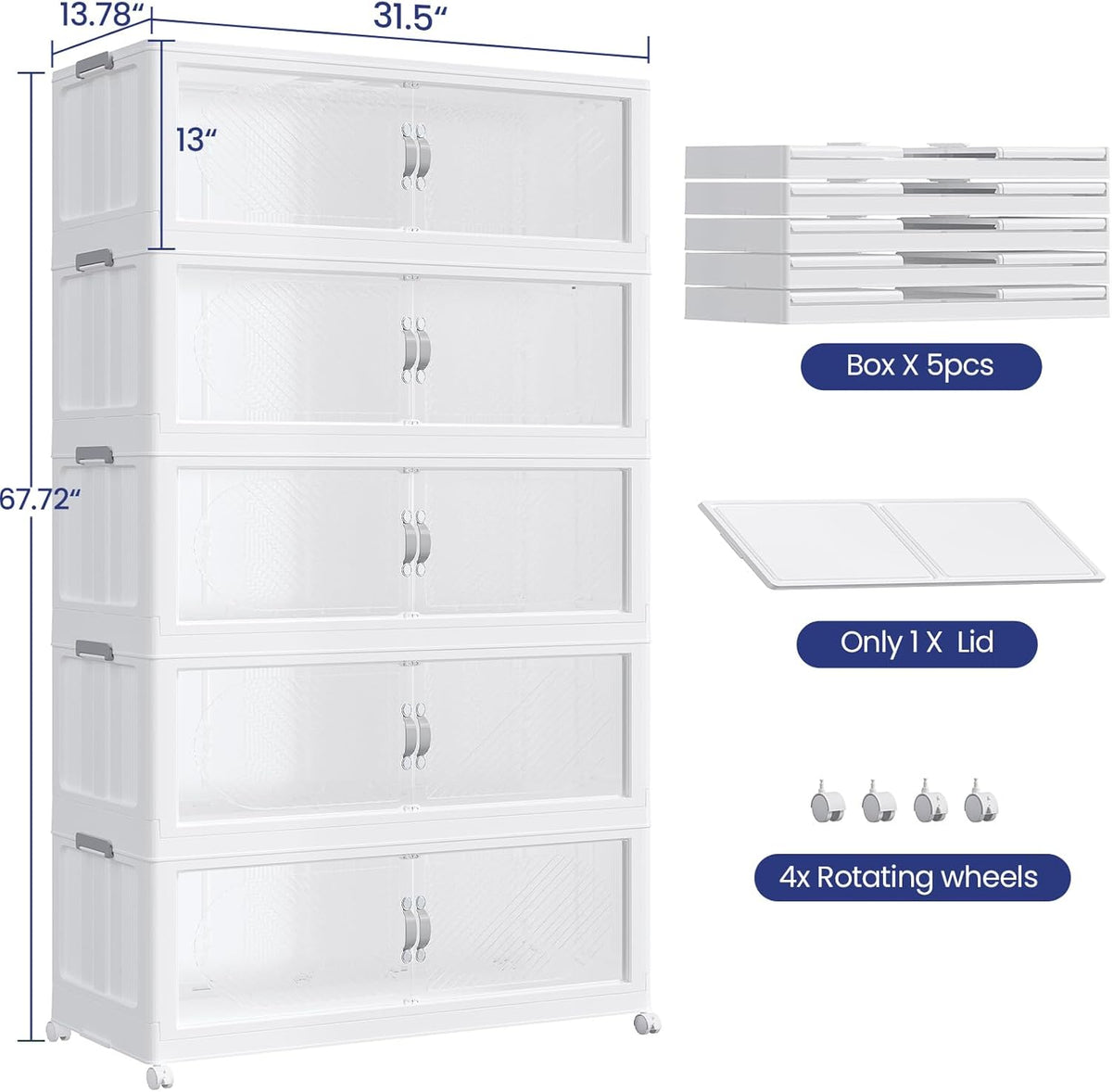 800QT Extra Large Stackable Storage Bins with Lid, 200Gal Plastic Closet Organizers and Storage Drawer, Collapsible Cabinet Box with Wheels Clear Doors for Home Kitchen Office, 5Pack White