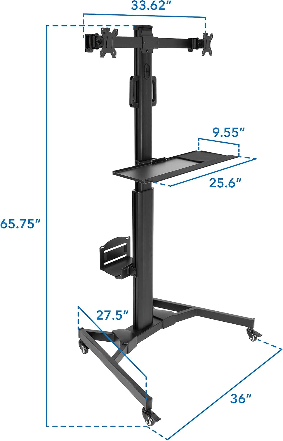 Mount-It! Dual Monitor Computer Cart – Mobile Standing Desk with Wheels, Rolling Workstation with Keyboard Tray, CPU Holder, and Adjustable Screen Mount for Office, Medical, or Warehouse
