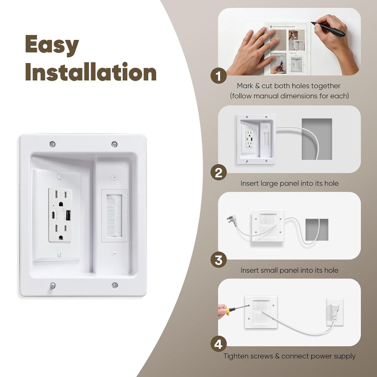 in Wall Cable Management Kit with Brush Wall Plate TV Cable Hider Wall Kit-UL Listed, 9.8FT Cord, Recessed AC Outlets Box with USB+USBC Port for Wall-Mounted TV and Home Theater