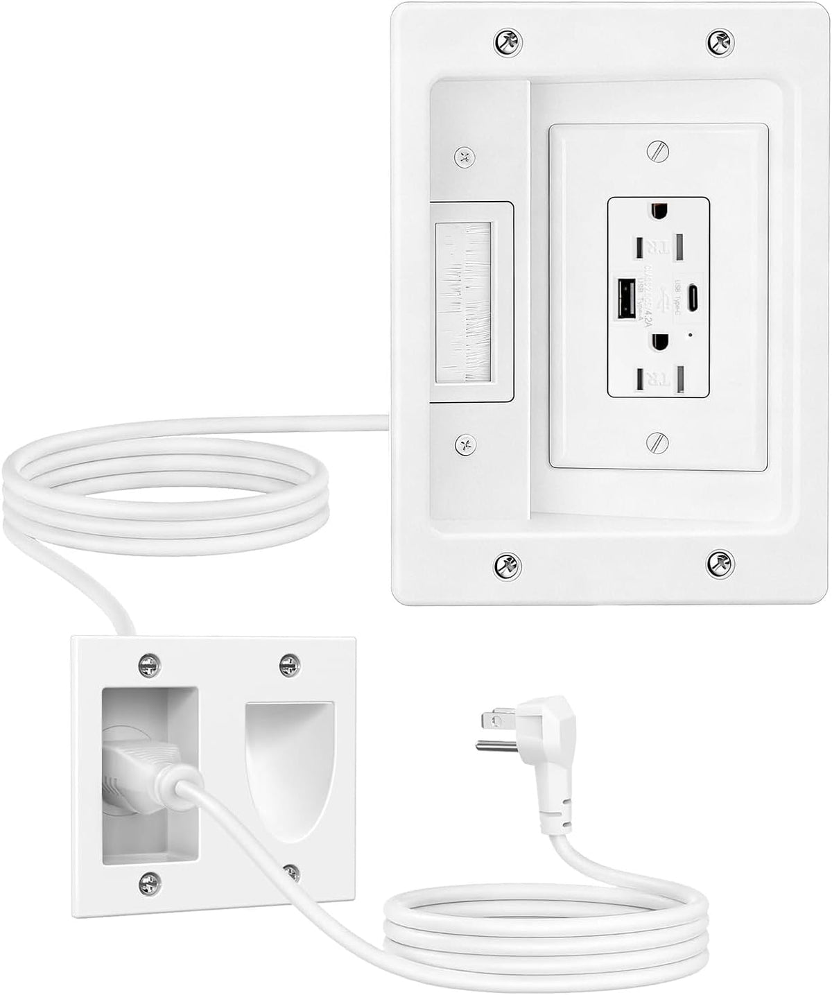 FORGING MOUNT TV Cord Hider for Wall Mounted TV with 2 AC Outlets,USB-A/USB-C Ports,in-Wall Cable Management Kit,Hide All Cables & Wires Behind The AV,Includes Drill Templates,Extension Cord-White