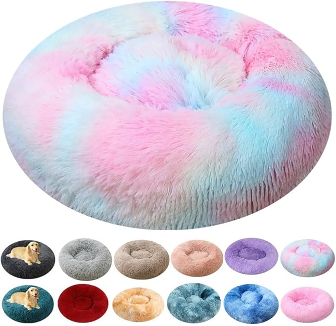 Calming Small Dog Bed & Cat Bed, 16 Inch Donut Fluffy Anti-Anxiety Round Bed Washable Cute Bed, Cuddler Warming Cozy Soft Bed, Plush Cushion Bed for Small Medium Dogs and Cats (Multi Color)