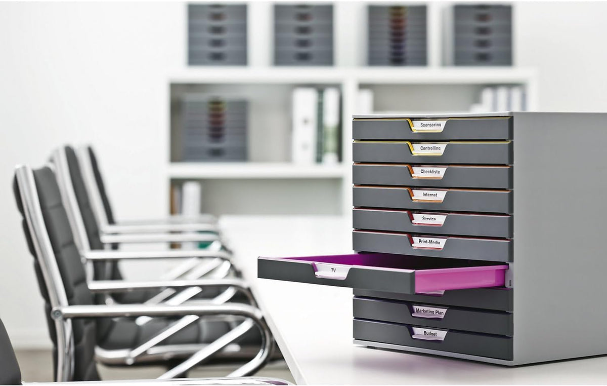Durable Varicolor 10 Drawer Unit - Gray Desktop Drawer Set with 10 Color Coded Draws - Letter to Folio Size Files - Perfect for Storing Documents and Paper Work
