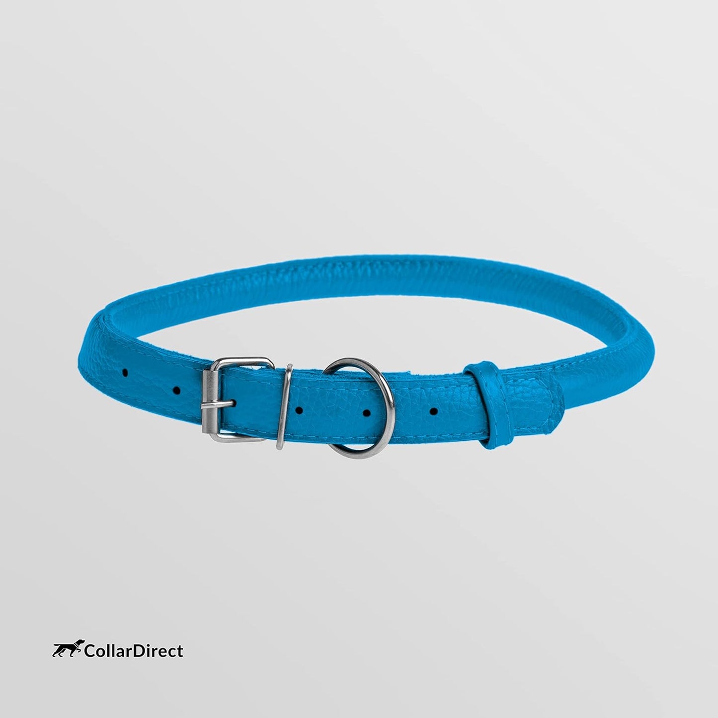 CollarDirect Rolled Leather Dog Collar, Soft Padded Round Puppy Collar, Handmade Genuine Leather Collar Dog Small Large Cat Collars 13 Colors (15-19 Inch, Light Blue Textured)