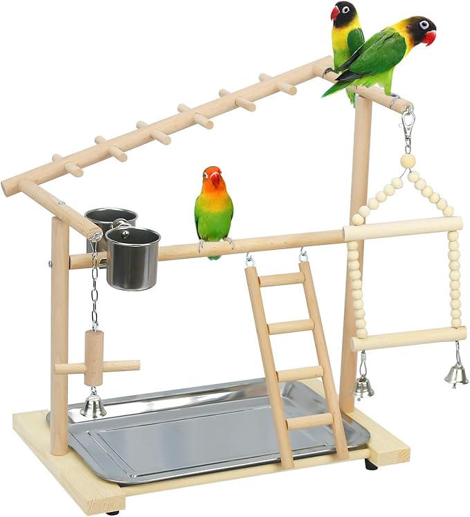 Parrot Playstand Bird Playground Birdcage Wood Perch Stand Ladder Swing with with Feeder Cups Birds Play Gym Cockatiel Playground Include Hanging Bell Swing Ladders