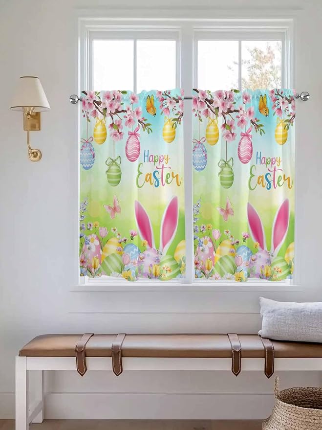 Easter Kitchen Curtains 54 Inches length, Spring Bunny Colorful Rabbit Eggs