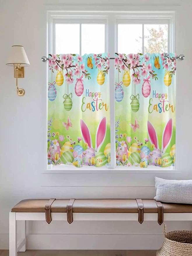 Easter Kitchen Curtains 45 Inches length, Spring Bunny Colorful Rabbit Eggs