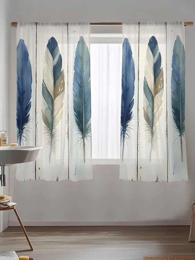 Sheer Curtains 63 Inch Length, Boho Blue Feathers Semi Sheer Curtains Light