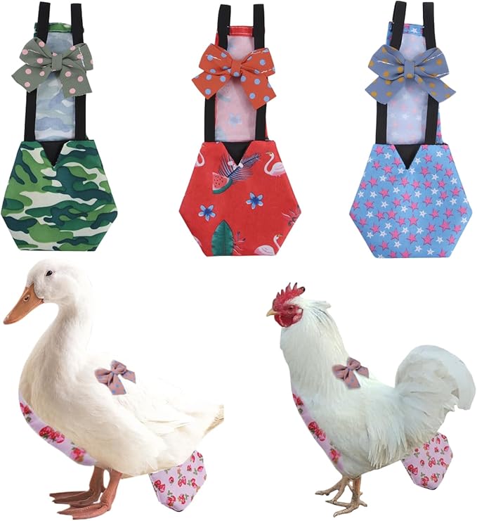 MANON ROSA Chicken Diapers Bantam Hens - Reusable 3-Piece Set with Bow Ties Poultry Nappies Washable Waterproof for Geese Pet Ducks Silkie (Graphic XS)