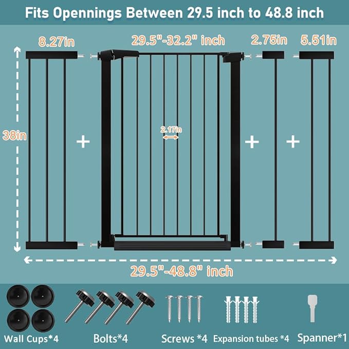 Fairy Baby 38" Extra Tall Pet Gate for Stairs, 29.5"-48.8" Extra Wide Long Dog Baby Gate Indoor for House, Safety Child Toddler Gate, Metal Auto Close Doggie Puppy Cat Gates Barrier for Doorway, Black