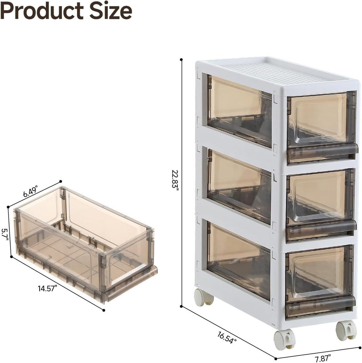 Plastic 3 Drawer Storage Organizer, Narrow Plastic Storage Drawers with Wheels, Storage Cart with Drawers for Small and Narrow Space, 7.87-inch Wide (gray)