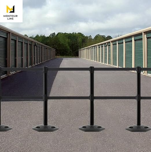 Montour Line MSR630D Set of 2 Retractable Belt Barrier Stanchion, Heavy-Duty Rubber Base, Red Post (9 ft Black and Red Diagonal Dual Belt)