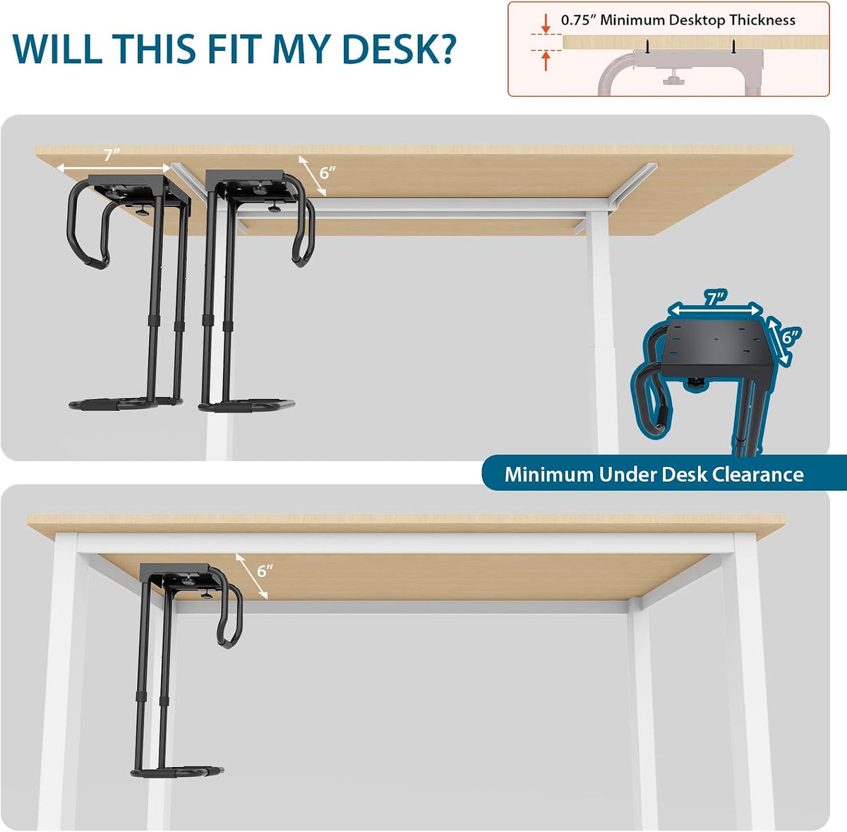 Univivi Heavy Duty Single Arm Under Desk PC Mount, Adjustable Width, Black