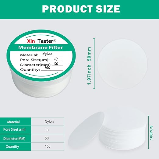Xin Tester 100 Pieces Nylon Disc Membrane Filters, 50 mm Diameter, 10µm Pore