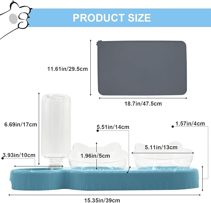 Triple Cat Bowls with Water Dispenser, Pet Whisker Friendly Water and Food Bowl Set with Non-Slip Mat, 15° Tilted Double Feeding Bowls, Elevated Wet and Dry Food Dish for Kitten&Small Dog (Blue)