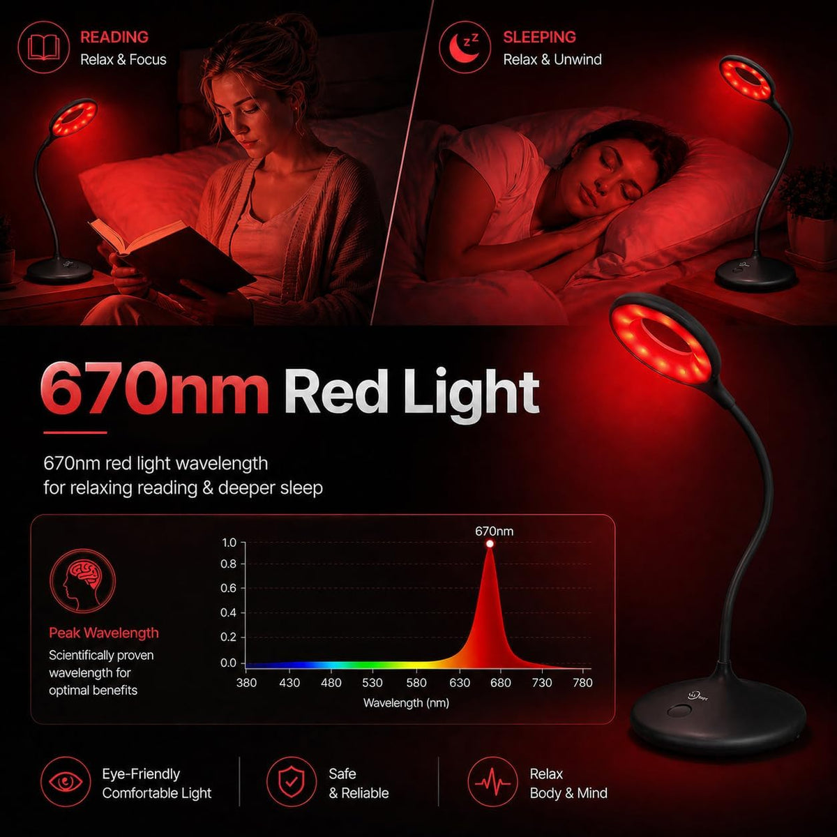 670nm Red Light Therapy Desk Lamp for Reading Sleep in Bedroom Dorm