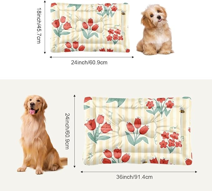 Red Floral Yellow Striped Puppy Bed for Crate Dog Crate Mattress Puppy Pad Dog Bed Washable Non-Slip Rectangle Mats for Dogs Carriers & Travel Products Indoor Outdoor 36X24 Inch
