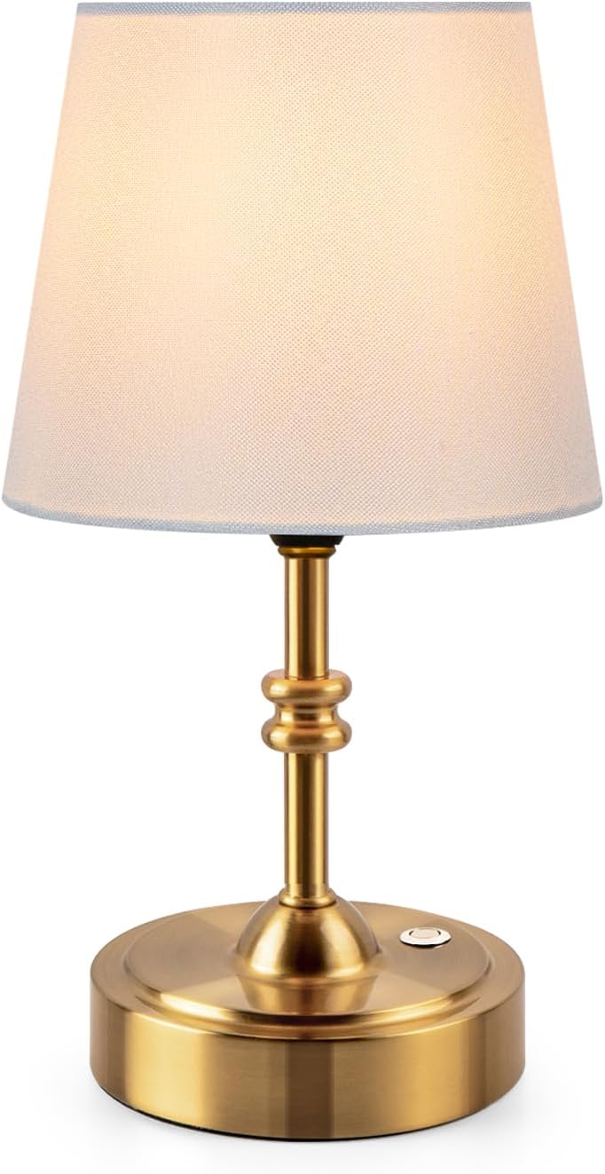 ONEWISH Small Cordless Lamp Dimmable-Battery Operated Table lamp, 4000mAh Rechargeable, Touch Bedside Lamp with White Fabric Shade, 2700K Bulb Included, for Dining, Patio, Bathroom(Gold)