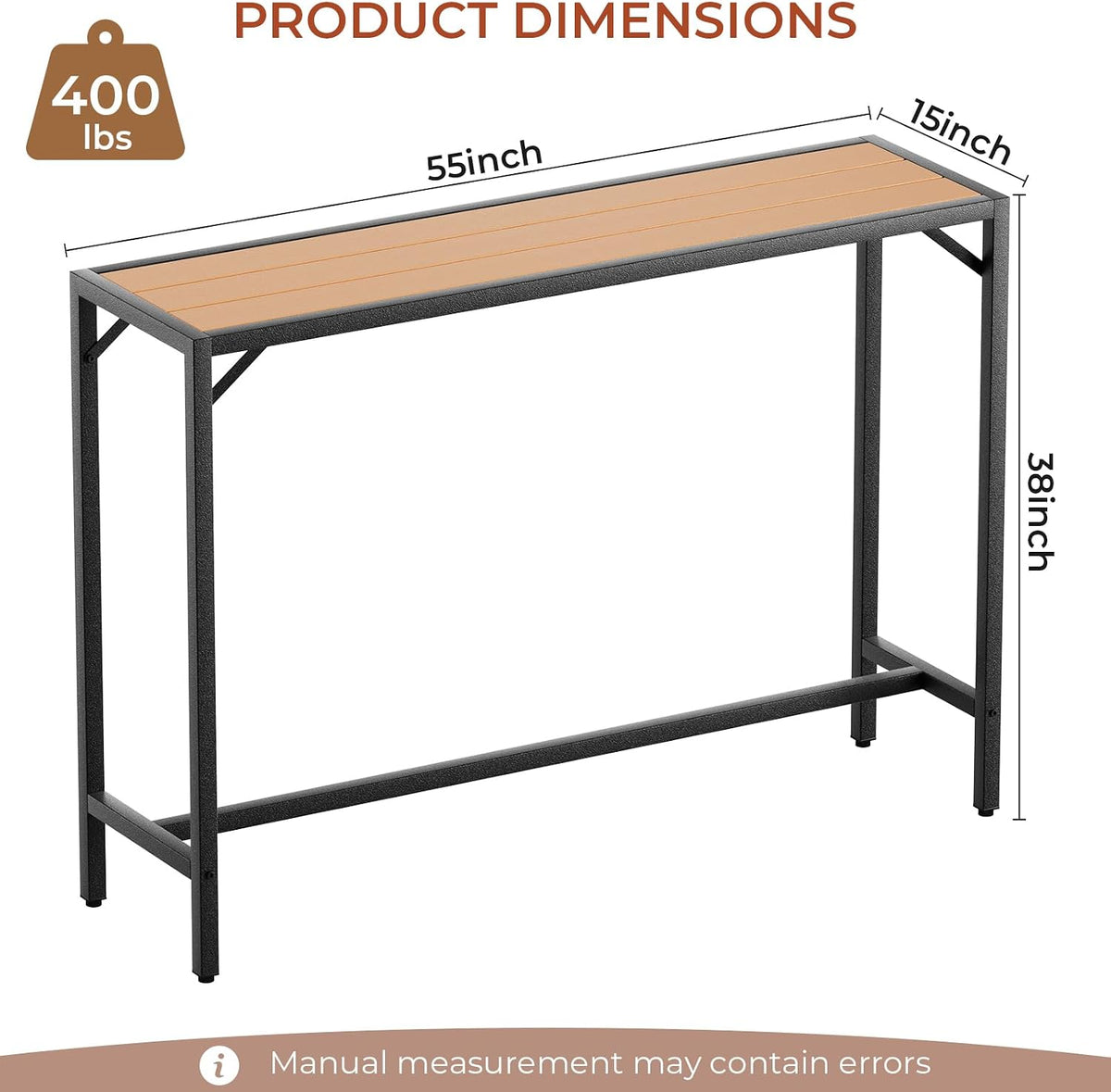 TLSUNNY 55" Patio Bar Table, Sturdy Outdoor Counter Height Table, Teak