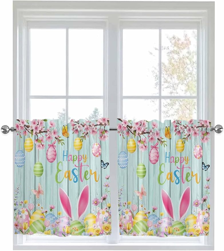 Happy Easter Half Window Curtain 36 Inches Long, Spring Bunny Eggs Flower Teal