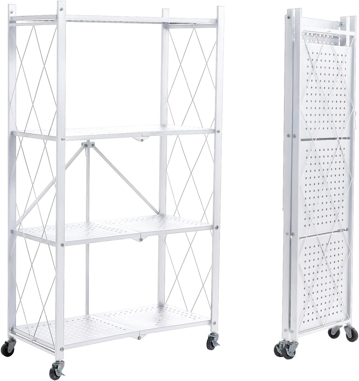 BRIAN & DANY 4-Tier Foldable Storage Shelves with Wheels, Folding Metal Rack Shelving Unit, Heavy Duty No Assembly Organizer Shelf for Garage, Kitchen, Pantry, White