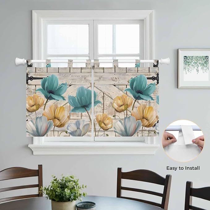 Watercolor Flowers Kitchen Curtains 24 Inch Length, Small Window Curtains Tab