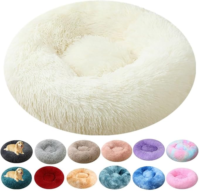 Calming Large Dog Bed & Cat Bed, 43 Inch Anti-Anxiety Donut Dog Cuddler Cat Bed, Warming Cozy Soft Dog Round Bed, Fluffy Faux Fur Machine Washable Pet Cushion for Medium Dogs & Cats (White)