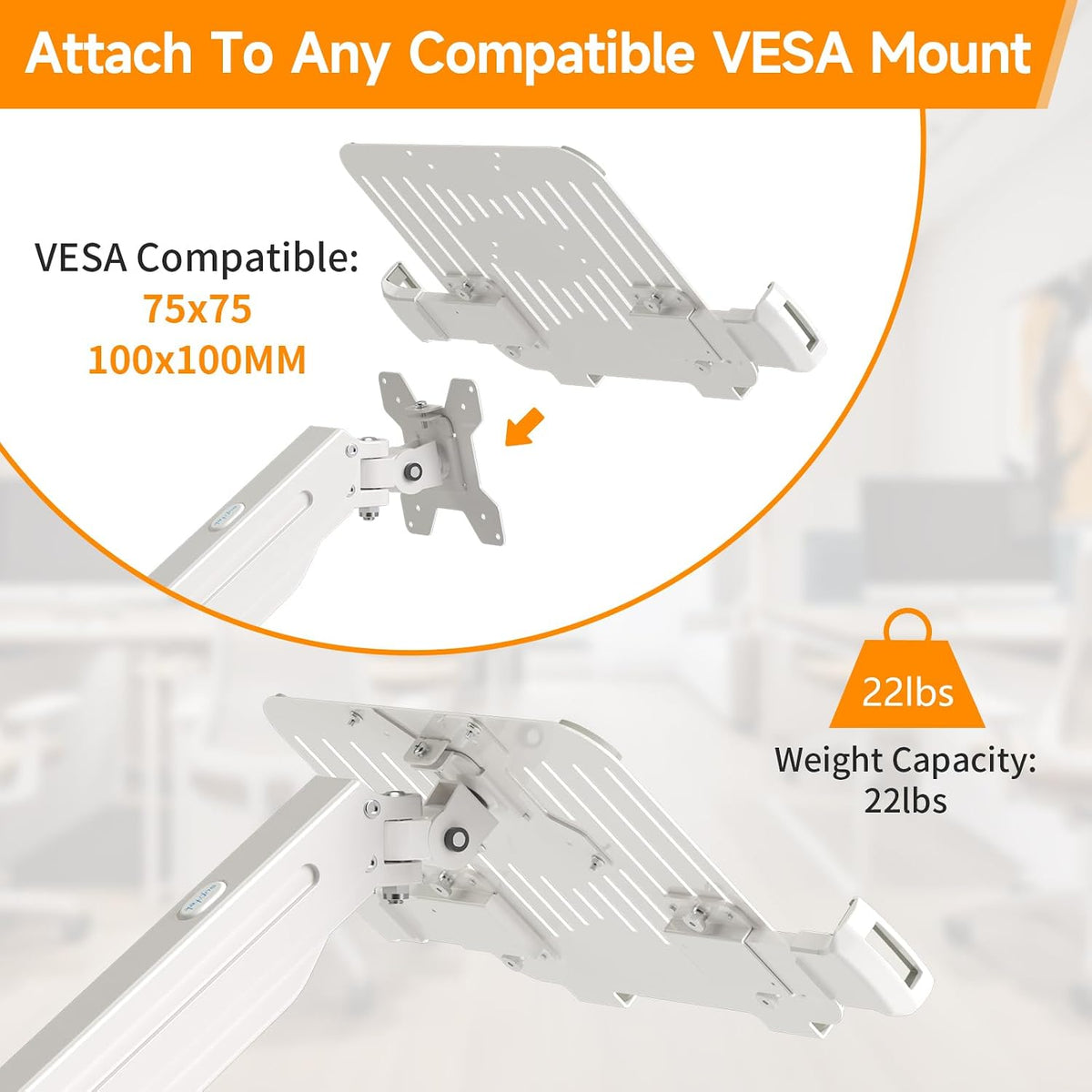 suptek Adjustable 13 to 18 inch Laptop VESA Arm Mount Tray for Monitor Arms and Stands (Tray Only),Fits 75x75/ 100x100 mm VESA Mount Holes,and Supports Weight up to 10lbs,White(TP007W)