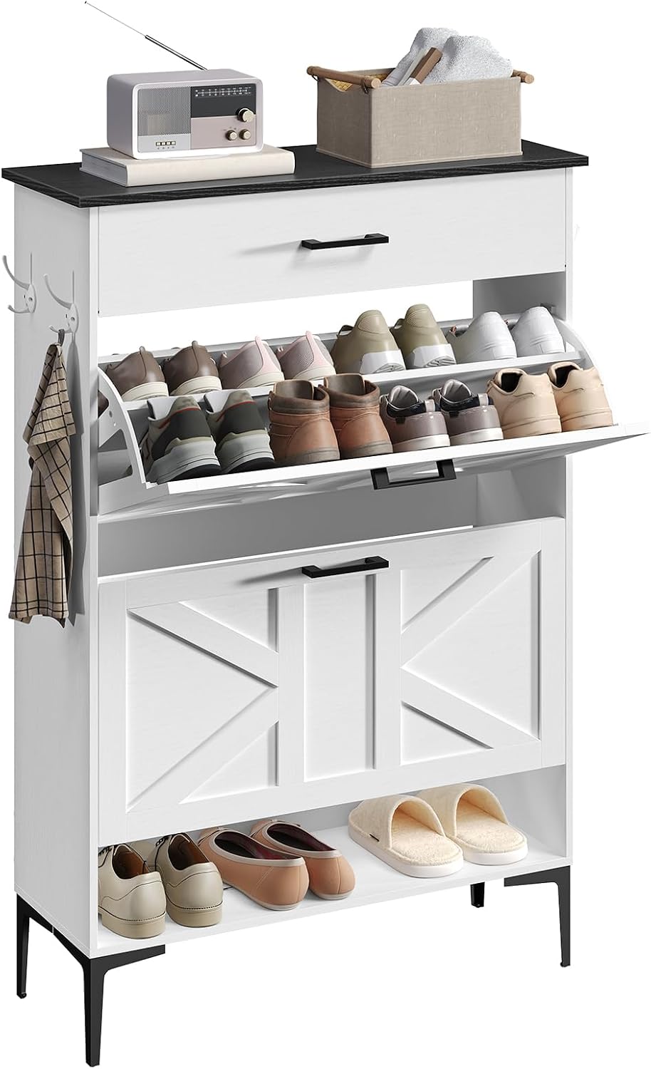 MAHANCRIS Shoe Cabinet with 2 Flip Drawers, Farmhouse Shoe Storage Cabinet for Entryway, Freestanding Narrow Shoe Organizer Cabinet with Adjustable Shelves for Entrance, Black and White SHBB20201
