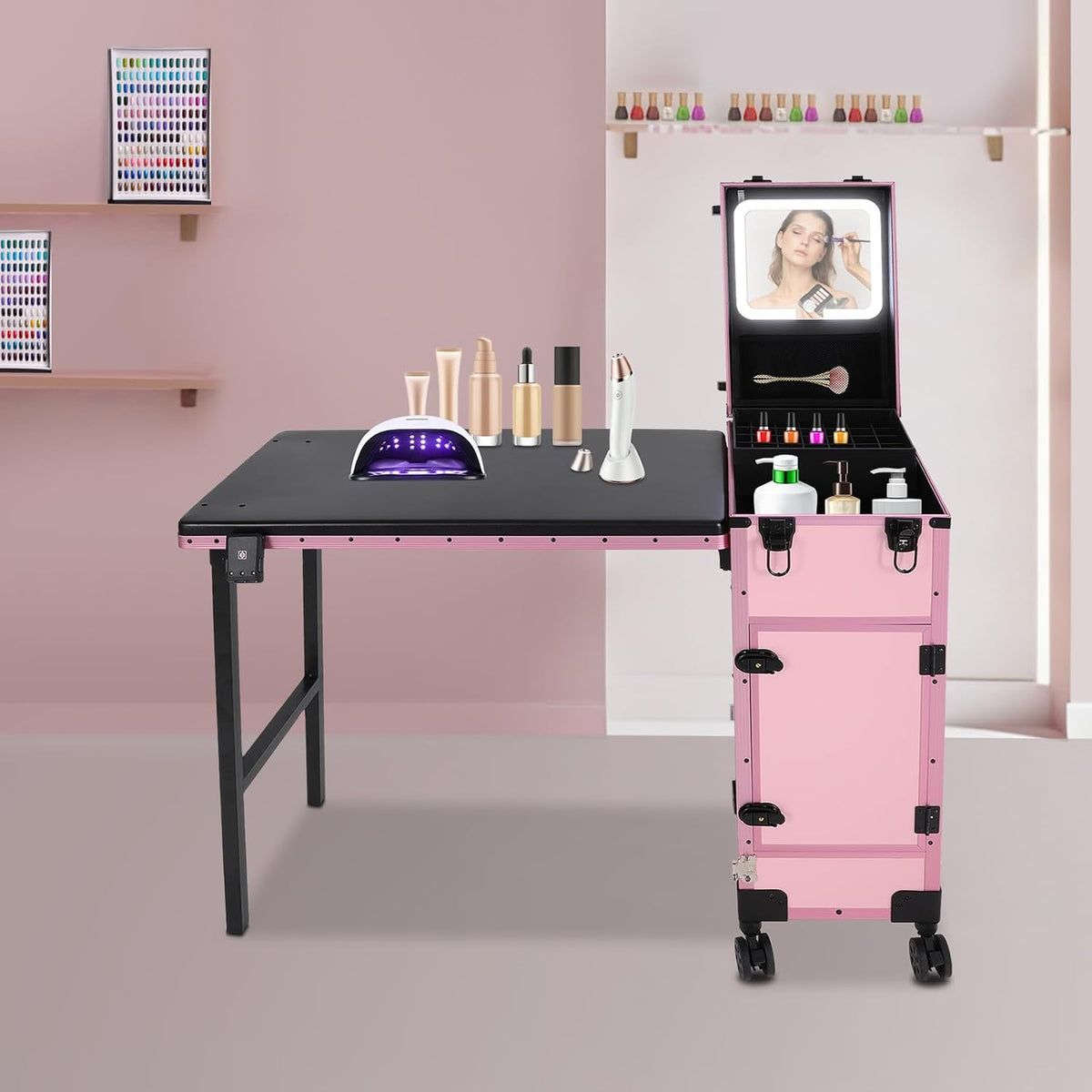 Professional Rolling Makeup Case, Foldable Nail Tables, Portable Manicure Table with 3 Drawers & LED Mirror, Trolley Storage Organizer, Pink Lockable Nail Table, Artist Travel Organizer