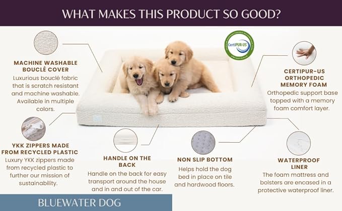 Luxury Boucle Orthopedic Memory Foam Dog Bed with Waterproof Liner and Machine Washable Cover with YKK Zippers (Large, 45" L x 36" W x 7" Th, Cloud)