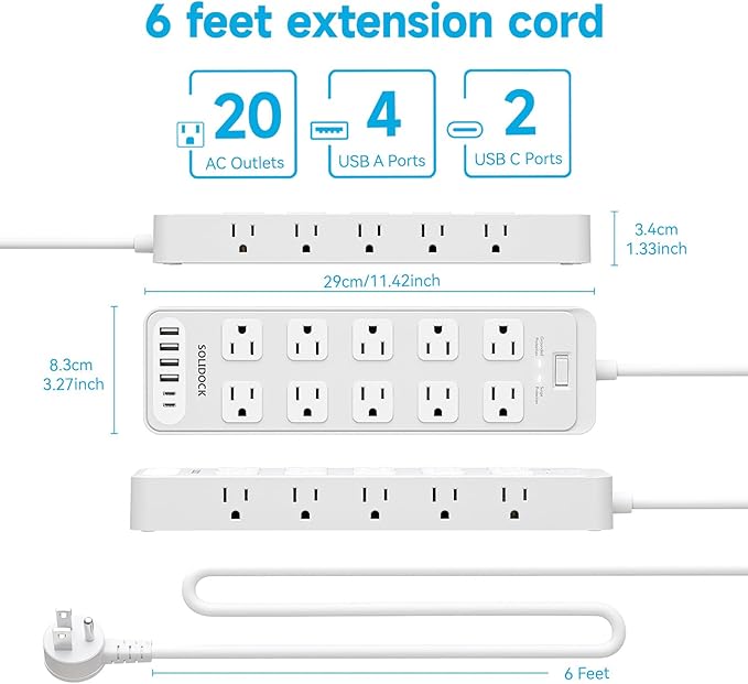 Flat Plug Power Strip Surge Protector with 20 AC Outlets 6 USB Chagring Ports, 1875W/15A, 2700J, Heavy Duty Extension Cord 6 Ft for Home, Office, Dorm, Gaming,ETL Listed (White, 6FT)