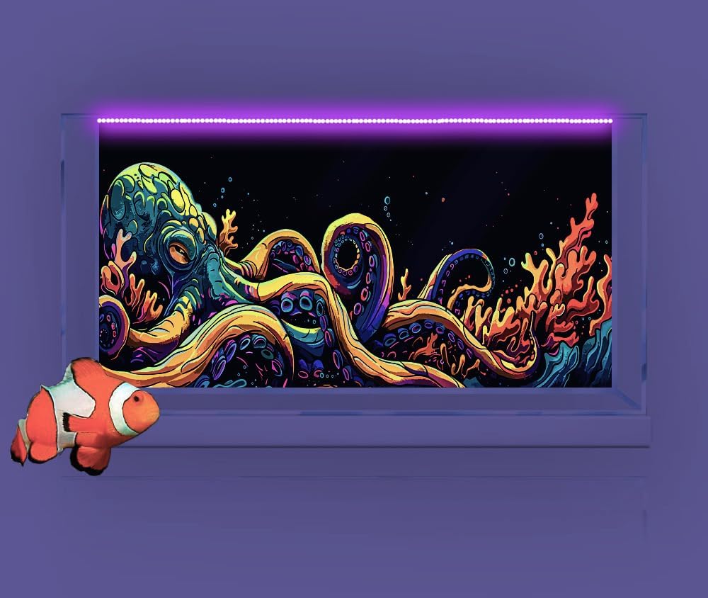 36X20IN Blacklight Octopus Sea Monster HD 3D Black Light Aquarium Background UV Reactive Background Terrarium Background with 10 EVA Double-Sided Tape