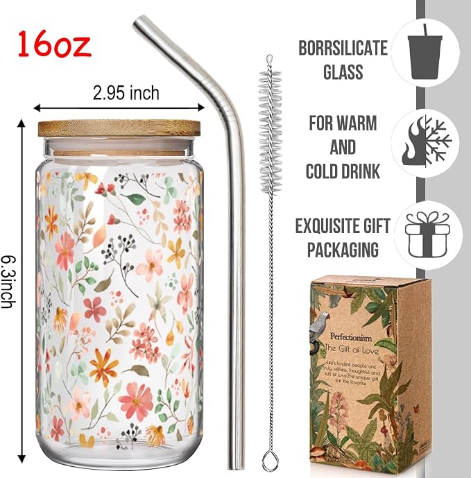 Floral Iced Glass Cups with Bamboo Lids and Straws 16oz Wildflower Coffee Cup