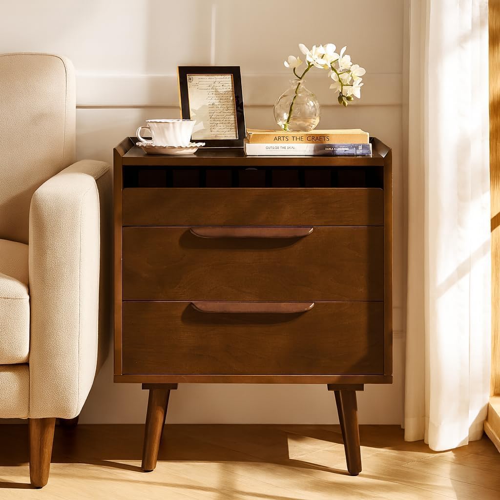 HULALA HOME 2-Drawer End Table with Charge Station, Walnut