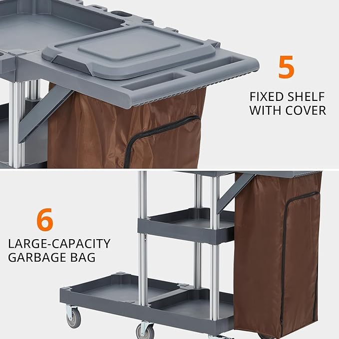 Commercial Janitorial Cart with Wheels, 3-Shelf Rolling Cleaning Trolley with 16-Gallon Trash Bag, 220 Lbs Heavy-Duty Capacity Housekeeping Cart - Ideal for Hotel, School, Apartments & More