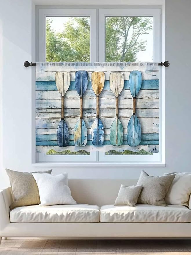 Sheer Curtains 45 Inch Length, Lake Paddle Striped Semi Sheer Curtains Light
