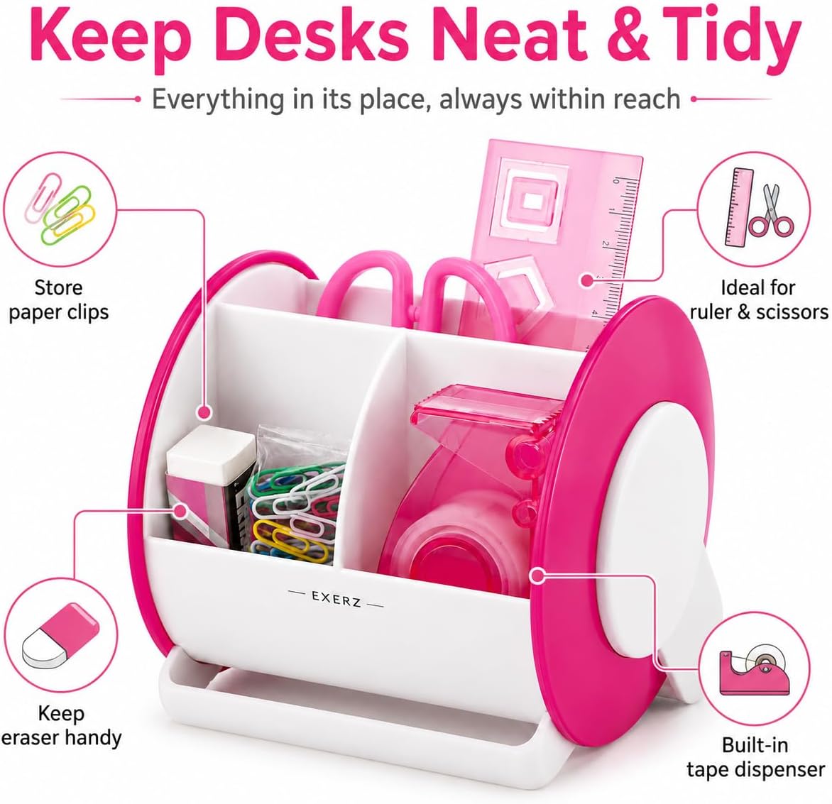 Exerz Ex8986 O-Life 90 Degree Rotary Desk Organiser with Stationery Set - Safety Scissors (Not Sharp), Rulers, Tape Dispenser, Eraser, Clips Included - Medium Size Stationery Organiser (Pink)