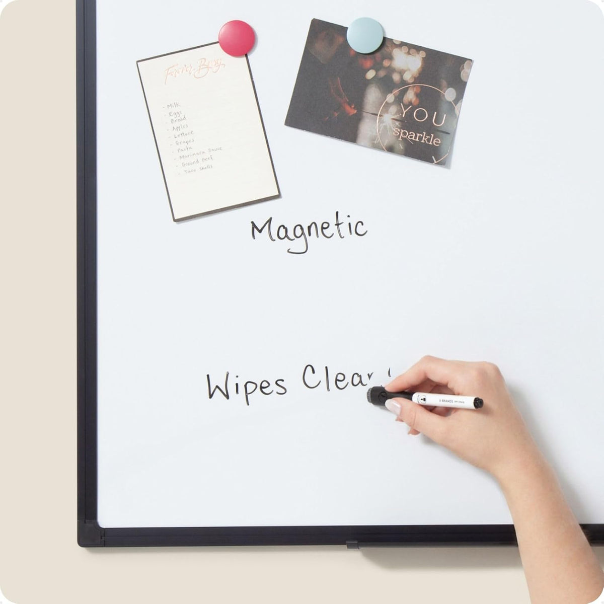 U Brands 24" x 36" Magnetic White Board with Markers, Black Metal Frame