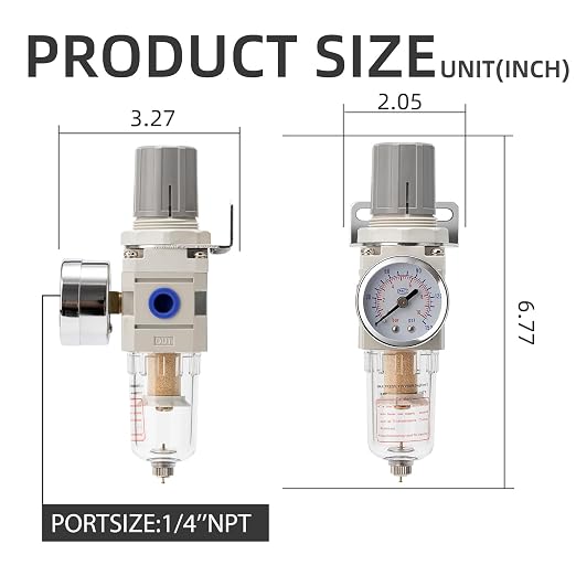 Pneumatic Air Compressor Filter Regulator Combo 1/4" NPT 150 PSI w/Adjustable