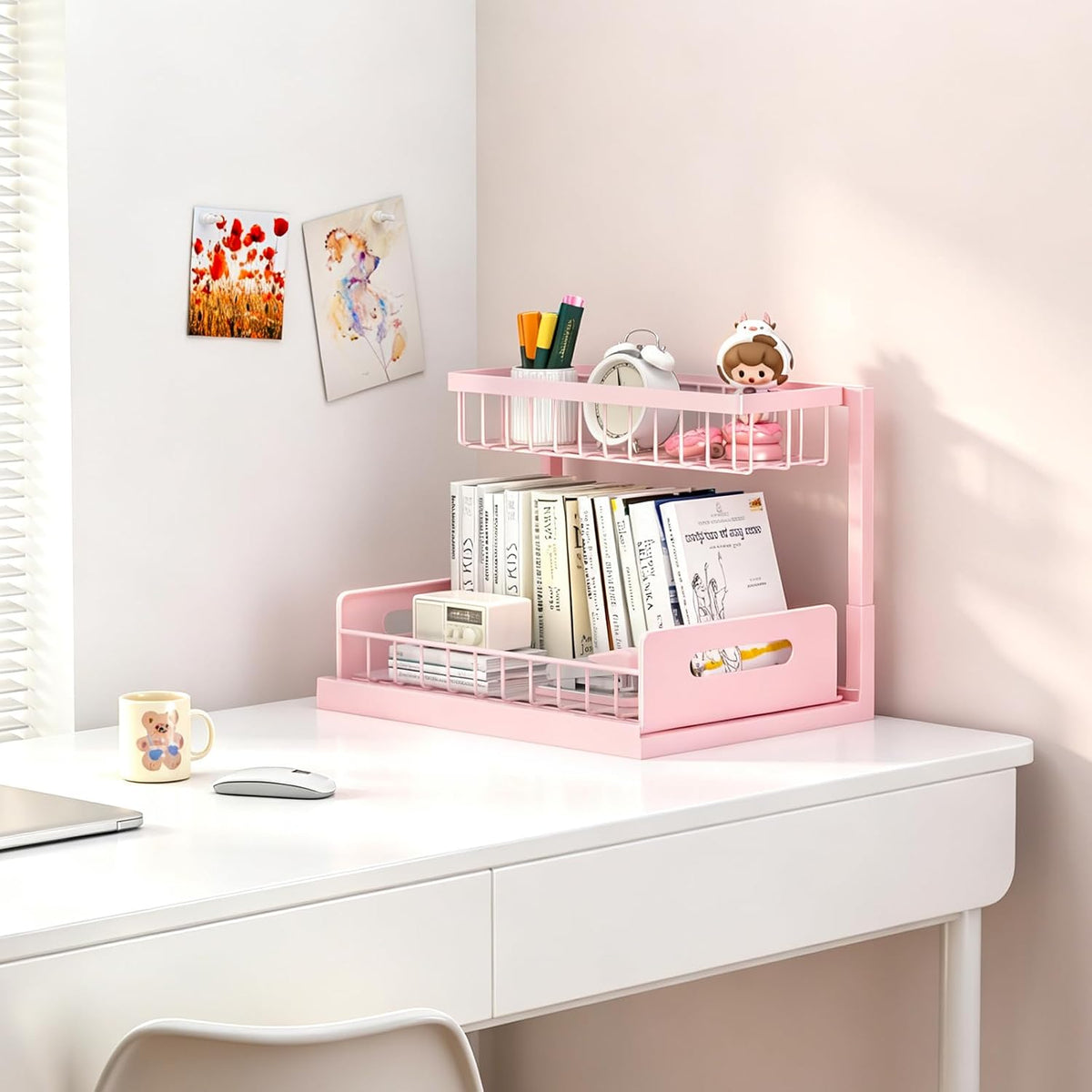 REALINN Pink Under Sink Organizer, 2 Tier Slide-Out Kitchen Cabinet Shelf