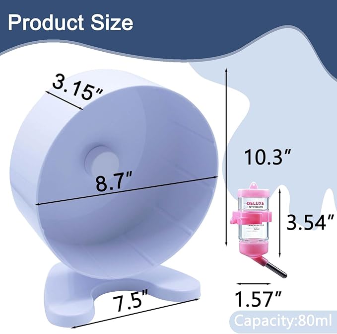8.7" Super Silent Hamster Wheel with Stand & Water Bottle – Ultra Quiet Exercise Running Wheel for Gerbils, Syrian & Dwarf Hamsters, Chinchillas, Small Pets – Noiseless Spinning Design, White