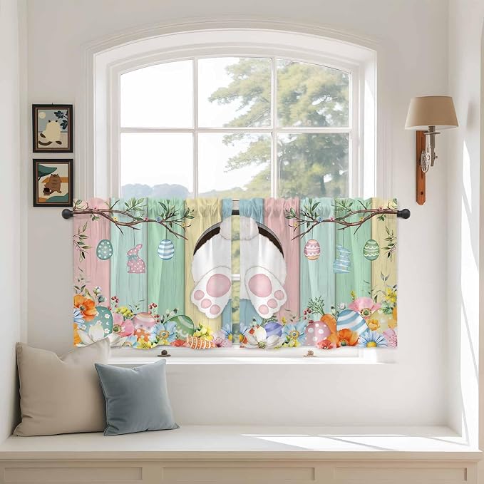Easter Kitchen Tier Curtains 24 Inch Long 2 Panel Set, Rod Pocket Cafe Small