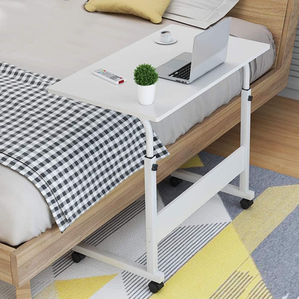 Henf Mobile Sofa Side Table Rolling Bed Table Snack Table, Height Adjustable Portable Laptop Computer Stand Desks Breakfast Tray Table with Wheels for Living Room Bedroom, White