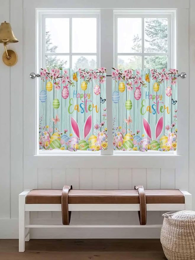 Happy Easter Half Window Curtain 36 Inches Long, Spring Bunny Eggs Flower Teal