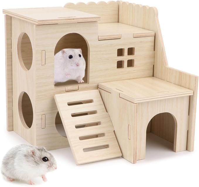 Wontee Dwarf Hamster Hideout Wooden House Maze Fun Slide Double-Decker Hut for Dwarf Hamsters Gerbils Mice or Similar Sized Pets